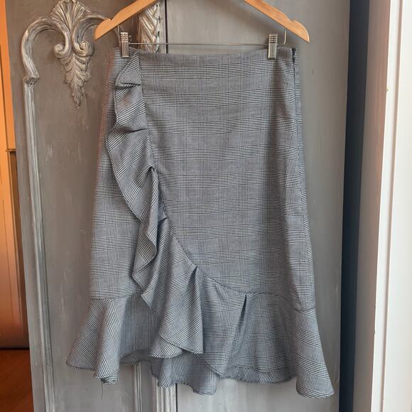 Gracia Skirt Sz L Knee Length Black White Plaid Ruffle Flounce Hem - Picture 1 of 14